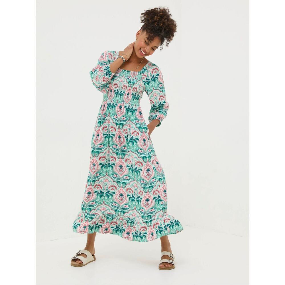 Fat Face Tilly Craft Ikat Maxi Dress Women's US 6 Teal Green Boho Smocked